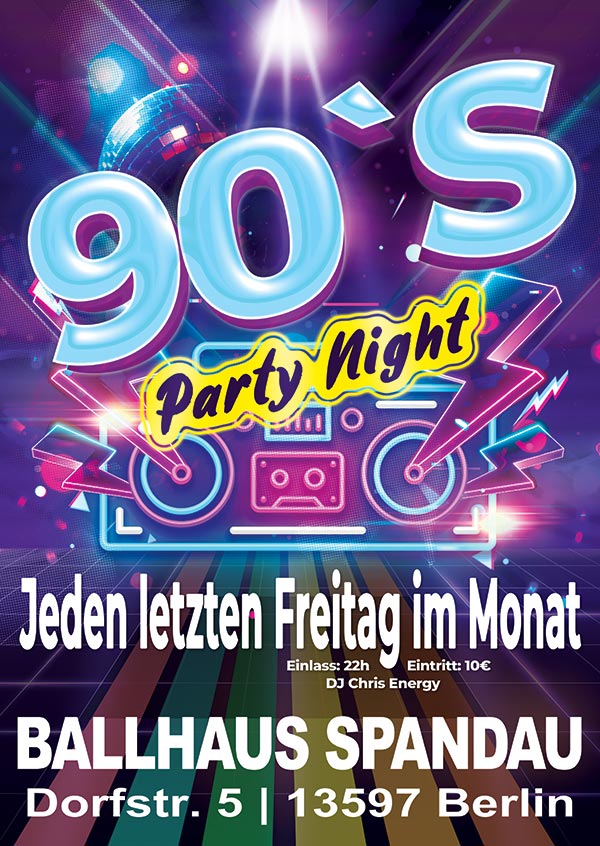 90er Party mit DJ Chris Energy jeden letzten Freitag im Monat im Ballhaus Spandau