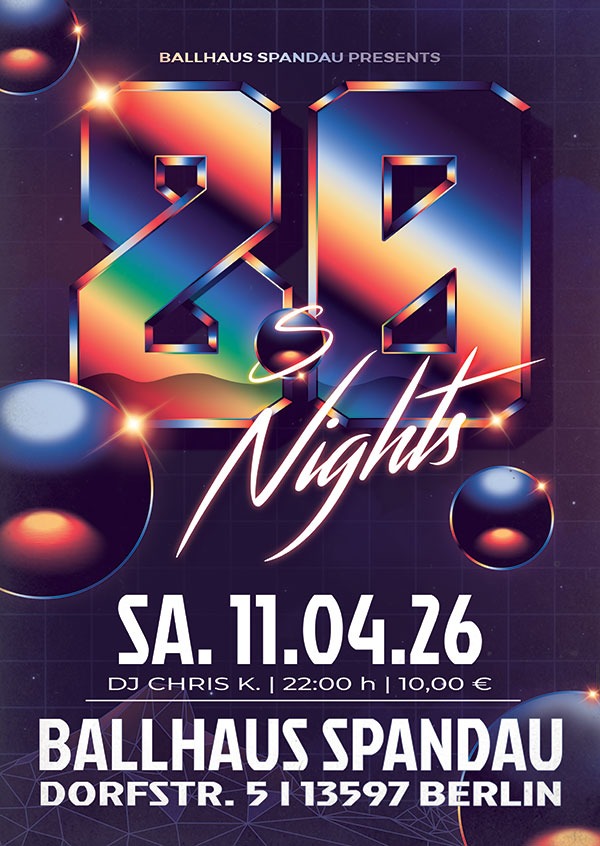 80er Party mit DJ Chris K. am 11.04.2026 ab 22:00 Uhr im Ballhaus Spandau